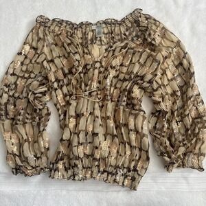 y2k 100% silk unique cache brown and gold sequin blouse